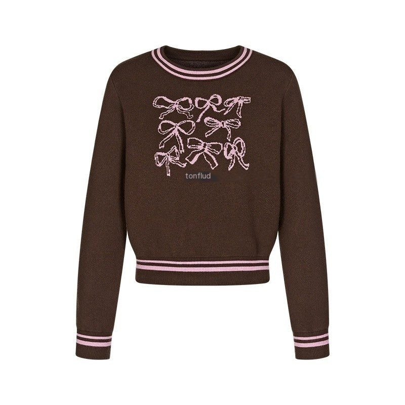 BETWEENAND_Brown_Bow_Embroidery_Jacquard_Round_Neck_Women&