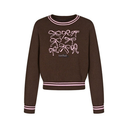 BETWEENAND_Brown_Bow_Embroidery_Jacquard_Round_Neck_Women&