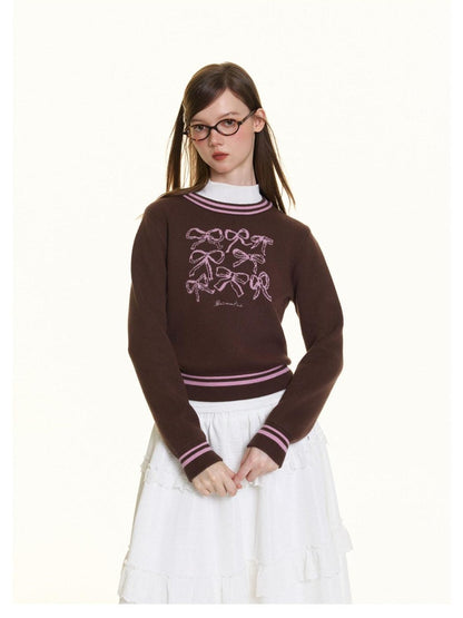 BETWEENAND Brown Bow Embroidery Jacquard Round Neck Women&