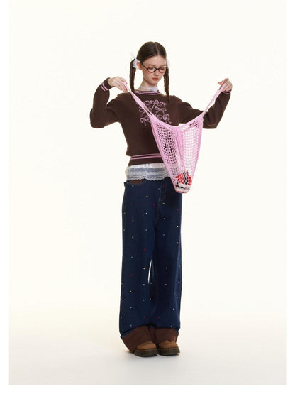 BETWEENAND Brown Bow Embroidery Jacquard Round Neck Women&