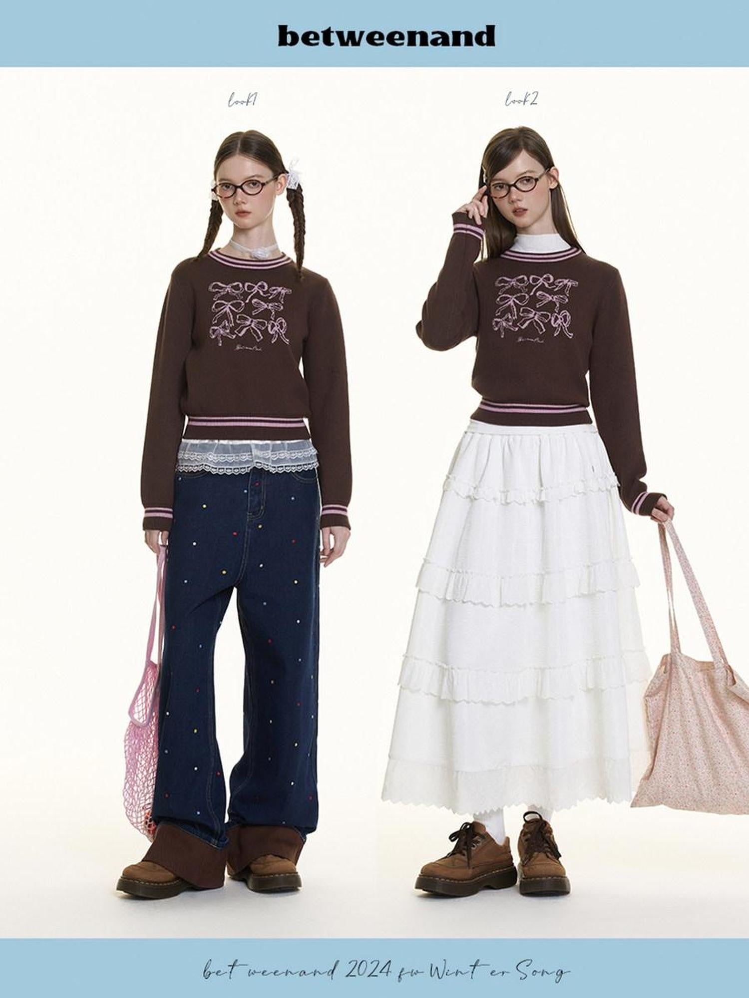 BETWEENAND Brown Bow Embroidery Jacquard Round Neck Women&