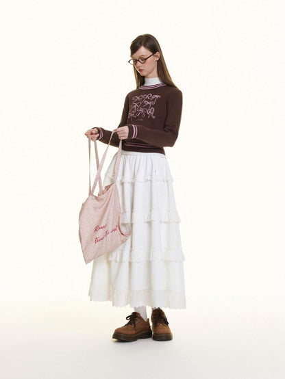 BETWEENAND Brown Bow Embroidery Jacquard Round Neck Women&