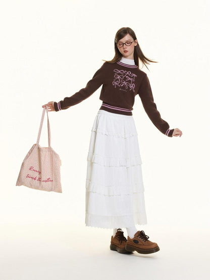 BETWEENAND Brown Bow Embroidery Jacquard Round Neck Women&