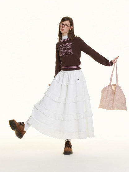 BETWEENAND Brown Bow Embroidery Jacquard Round Neck Women&