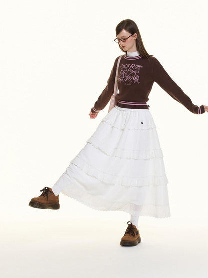 BETWEENAND Brown Bow Embroidery Jacquard Round Neck Women&