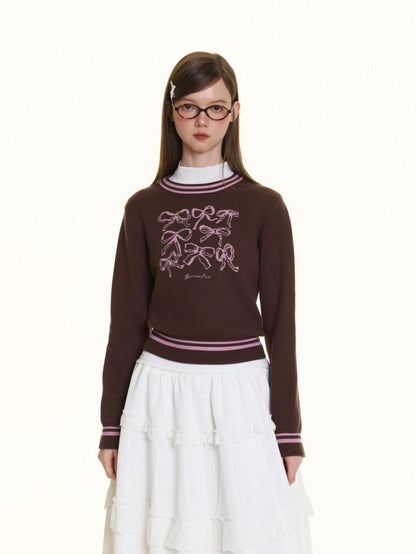 BETWEENAND Brown Bow Embroidery Jacquard Round Neck Women&