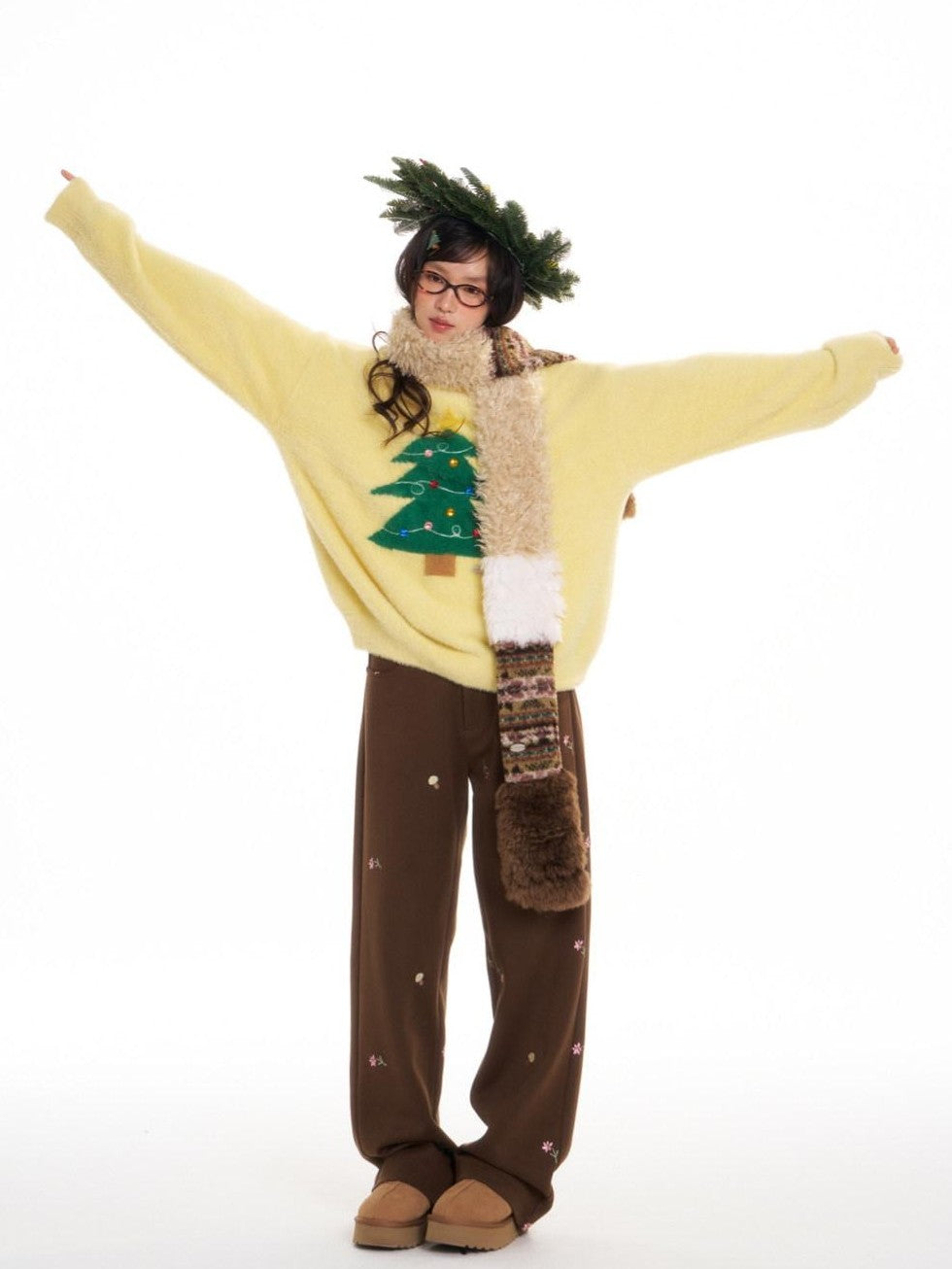 BETWEENAND Brown Mushroom Floral Embroidery Women&