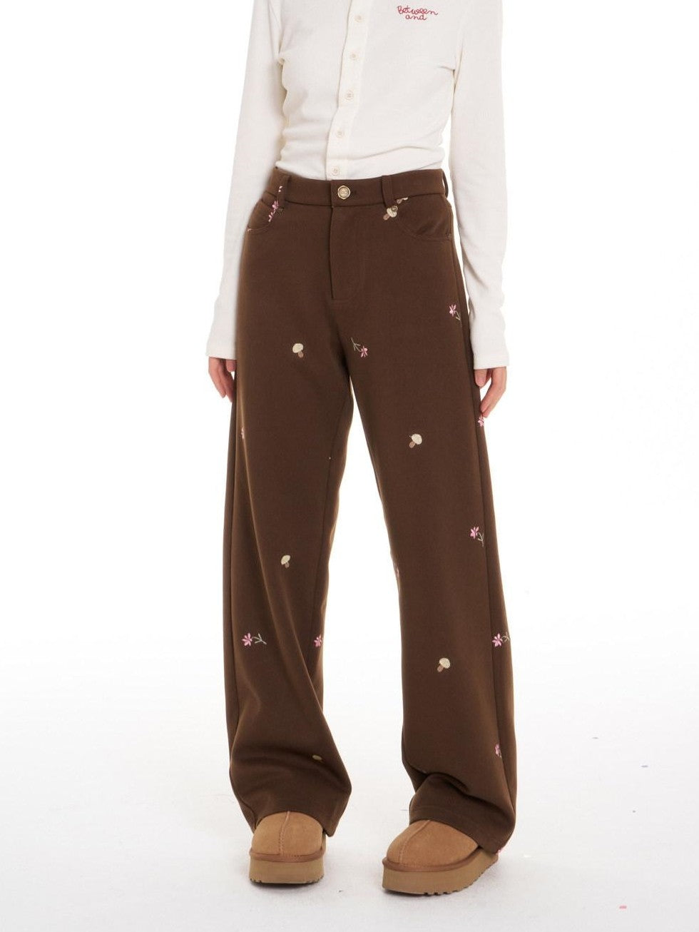 BETWEENAND Brown Mushroom Floral Embroidery Women&