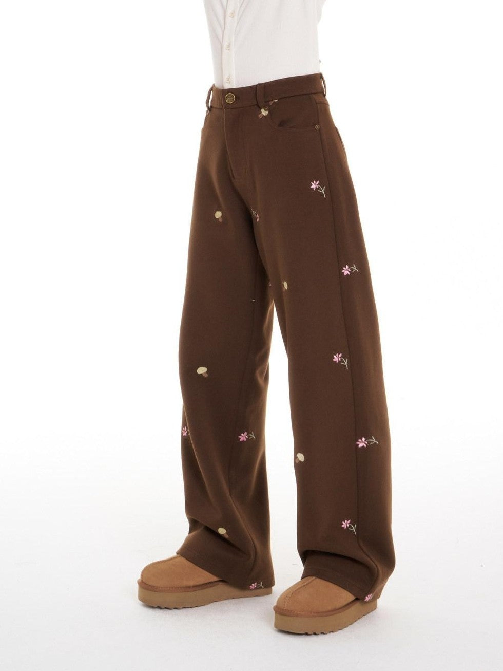 BETWEENAND Brown Mushroom Floral Embroidery Women&
