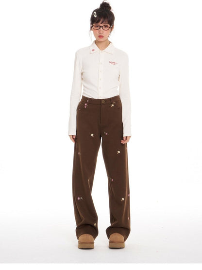 BETWEENAND Brown Mushroom Floral Embroidery Women&