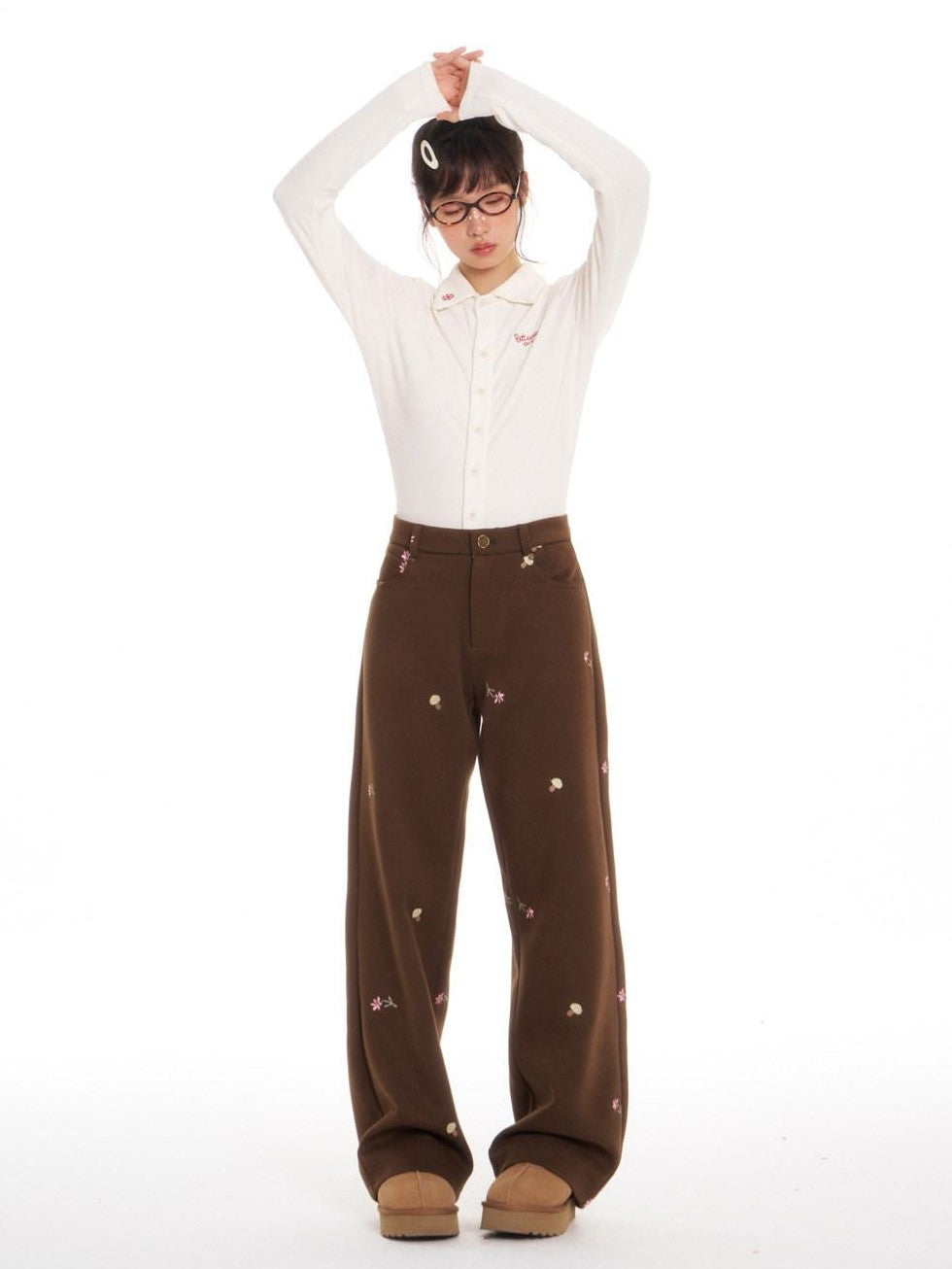 BETWEENAND Brown Mushroom Floral Embroidery Women&