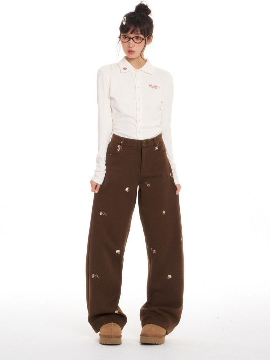 BETWEENAND Brown Mushroom Floral Embroidery Women&