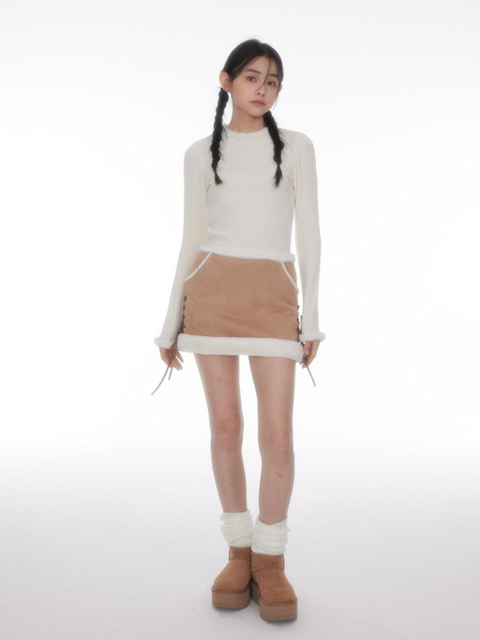 BETWEENAND Brown Shearling Trim Tie High Waist A Line Women&