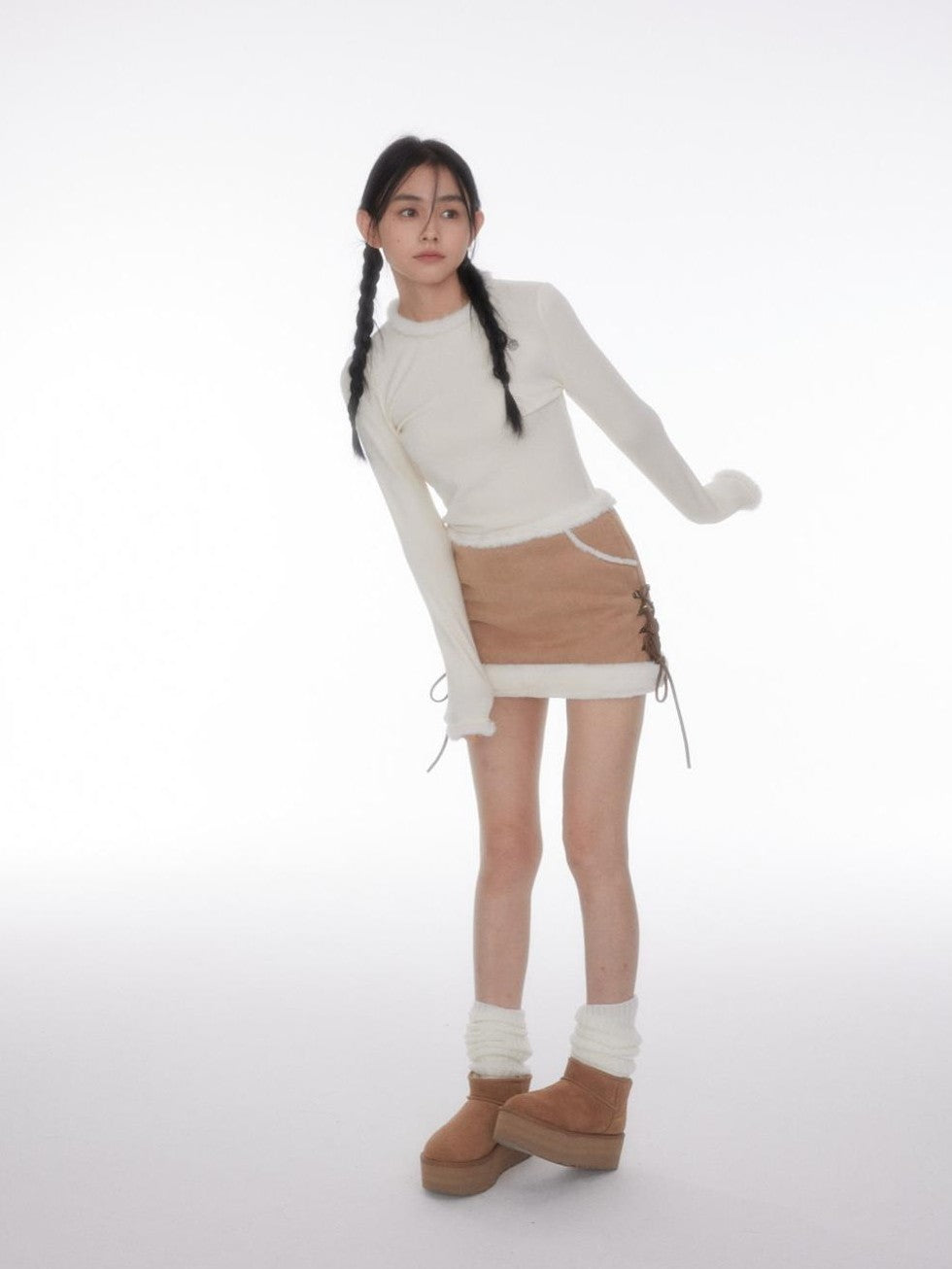 BETWEENAND Brown Shearling Trim Tie High Waist A Line Women&