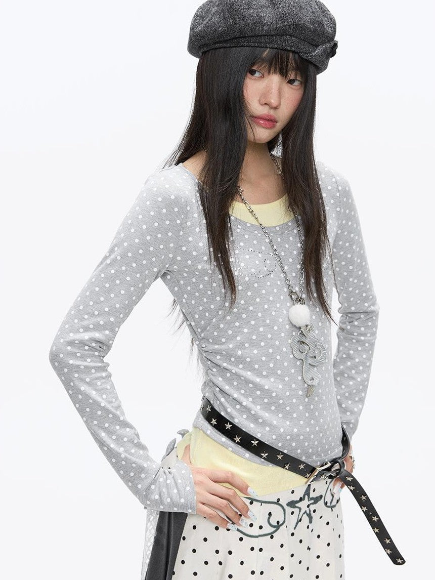 BETWEENAND Brushed Polka Dot Rhinestone Faux Layer Slim Fit Women&