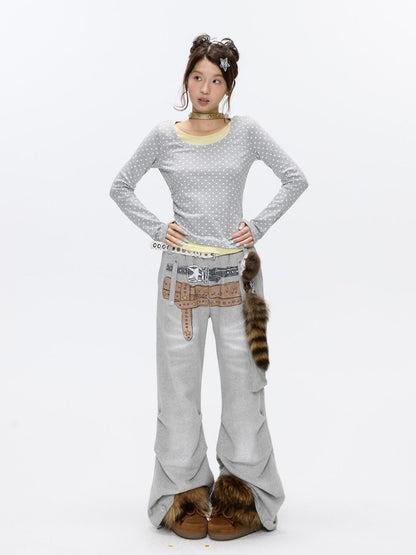 BETWEENAND Brushed Polka Dot Rhinestone Faux Layer Slim Fit Women&