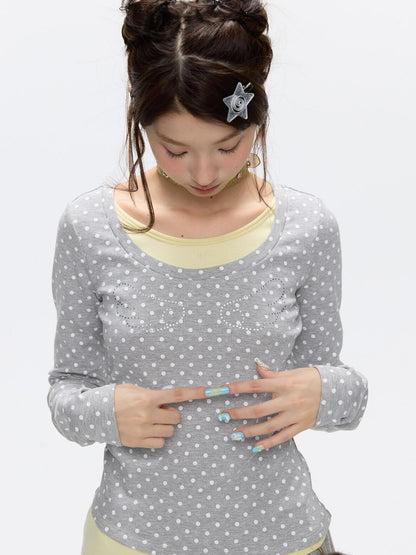 BETWEENAND Brushed Polka Dot Rhinestone Faux Layer Slim Fit Women&