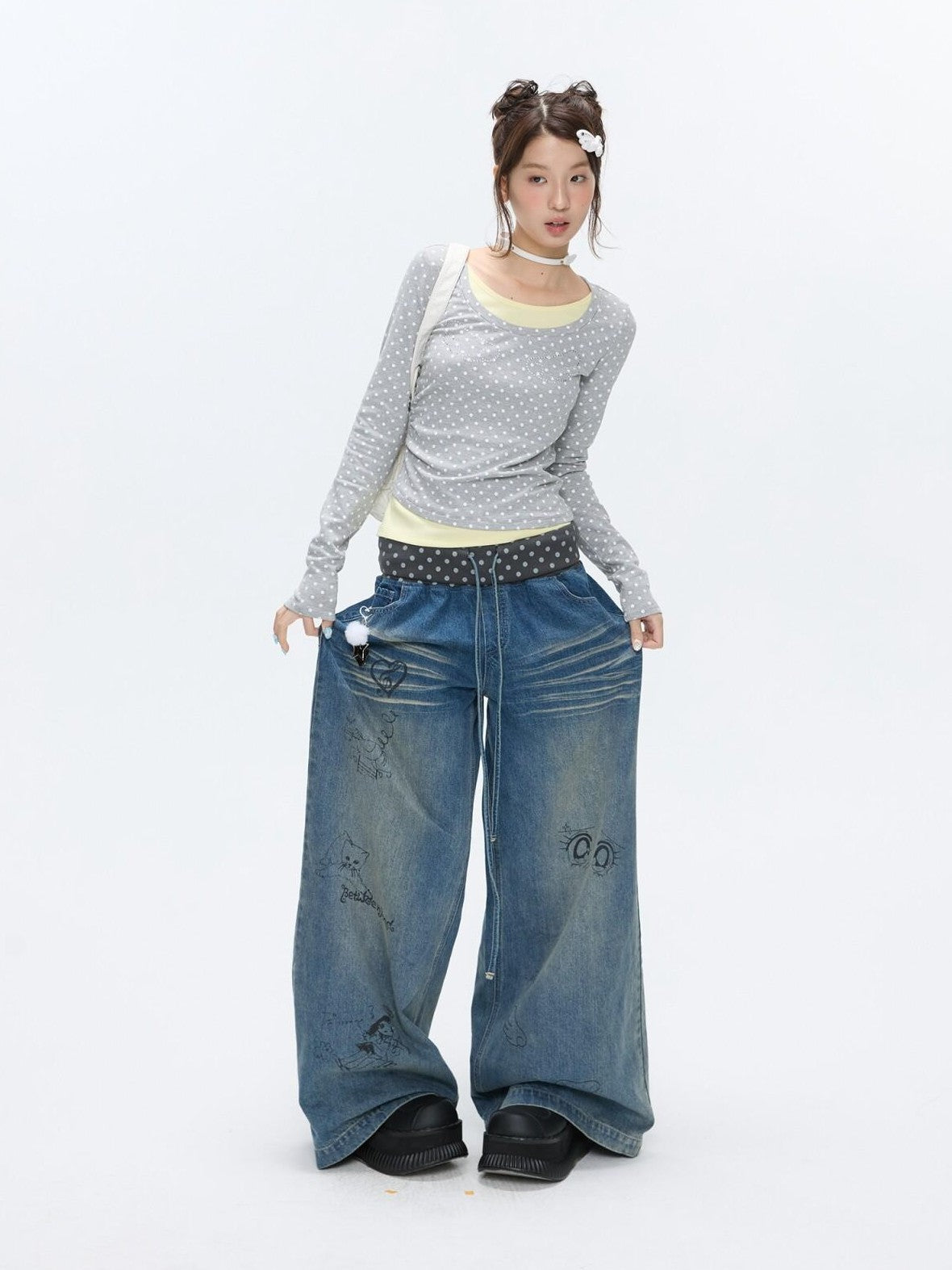 BETWEENAND Brushed Polka Dot Rhinestone Faux Layer Slim Fit Women&
