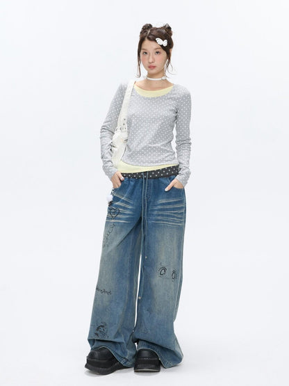 BETWEENAND Brushed Polka Dot Rhinestone Faux Layer Slim Fit Women&