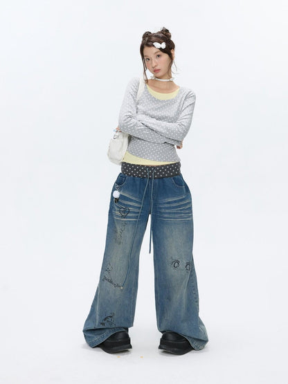 BETWEENAND Brushed Polka Dot Rhinestone Faux Layer Slim Fit Women&