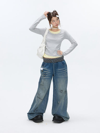 BETWEENAND Brushed Polka Dot Rhinestone Faux Layer Slim Fit Women&