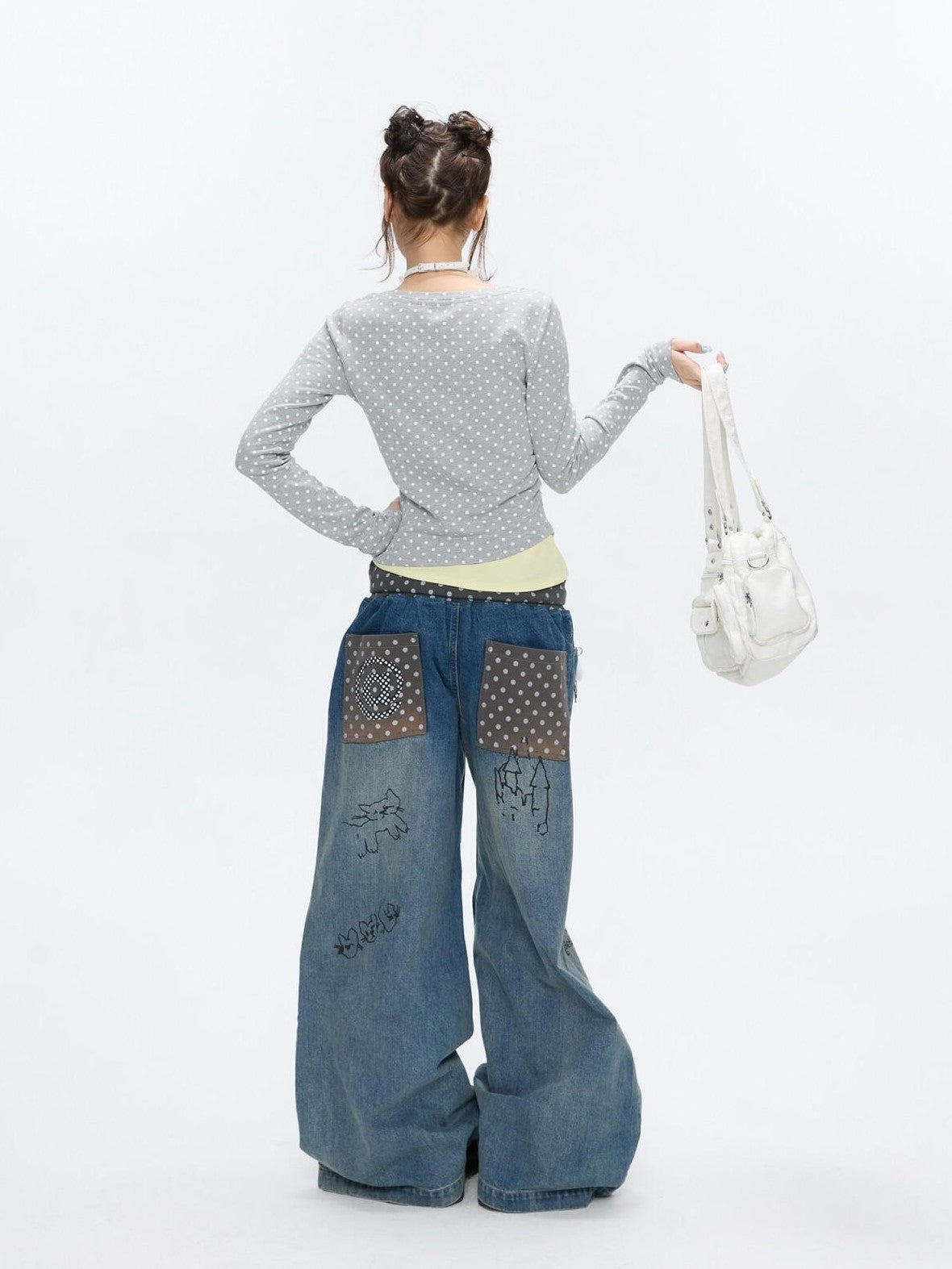 BETWEENAND Brushed Polka Dot Rhinestone Faux Layer Slim Fit Women&
