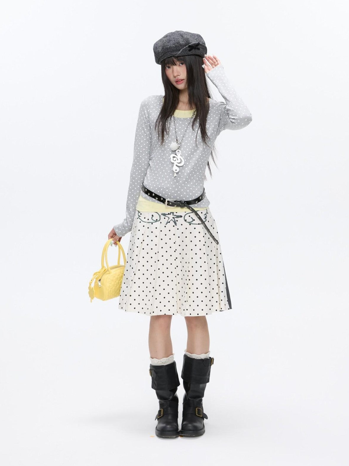 BETWEENAND Brushed Polka Dot Rhinestone Faux Layer Slim Fit Women&