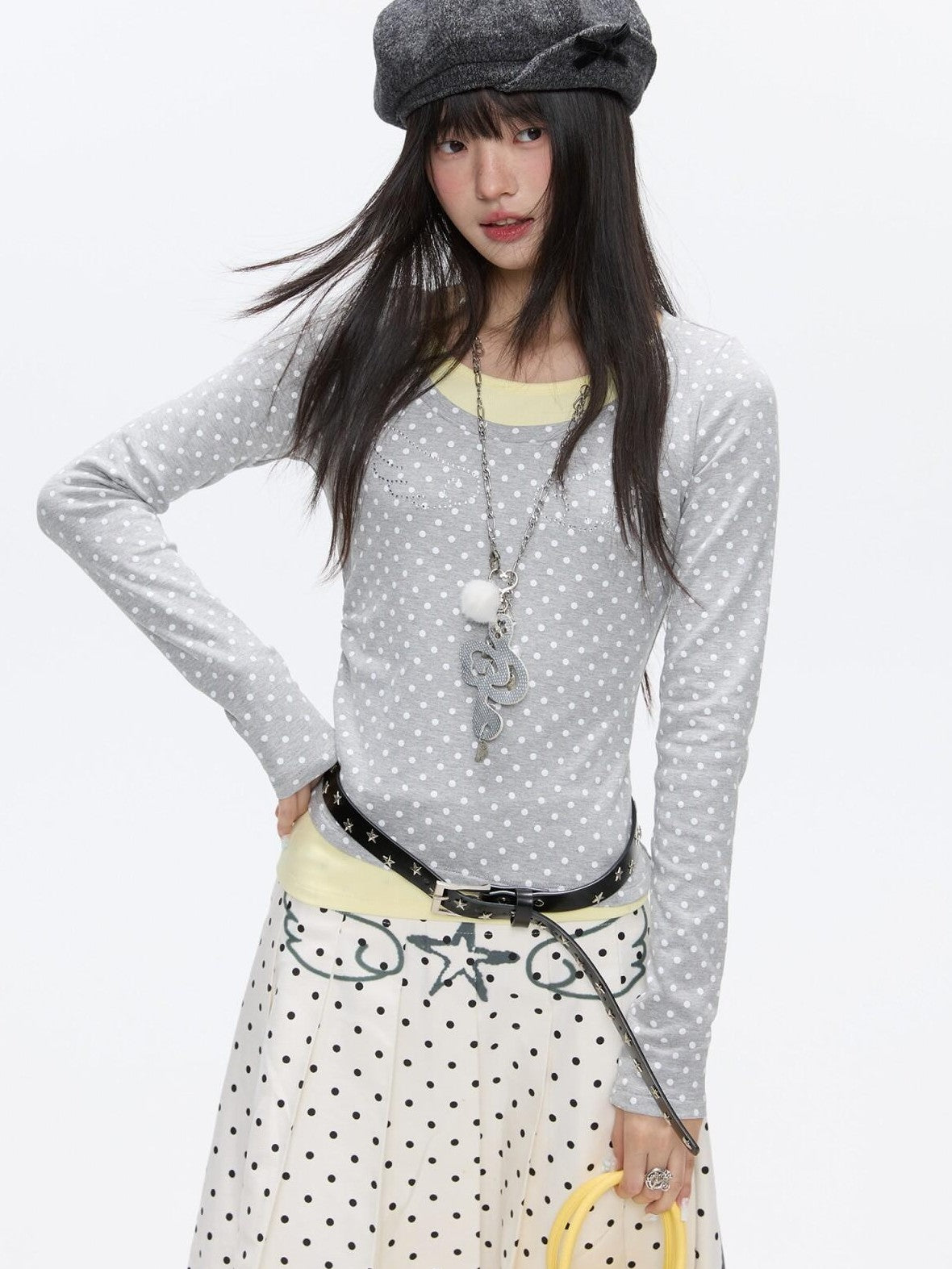 BETWEENAND Brushed Polka Dot Rhinestone Faux Layer Slim Fit Women&