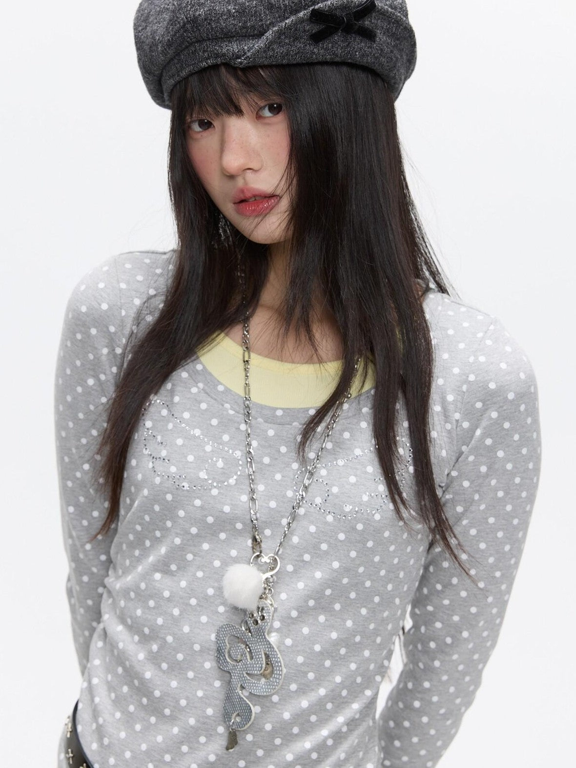 BETWEENAND Brushed Polka Dot Rhinestone Faux Layer Slim Fit Women&