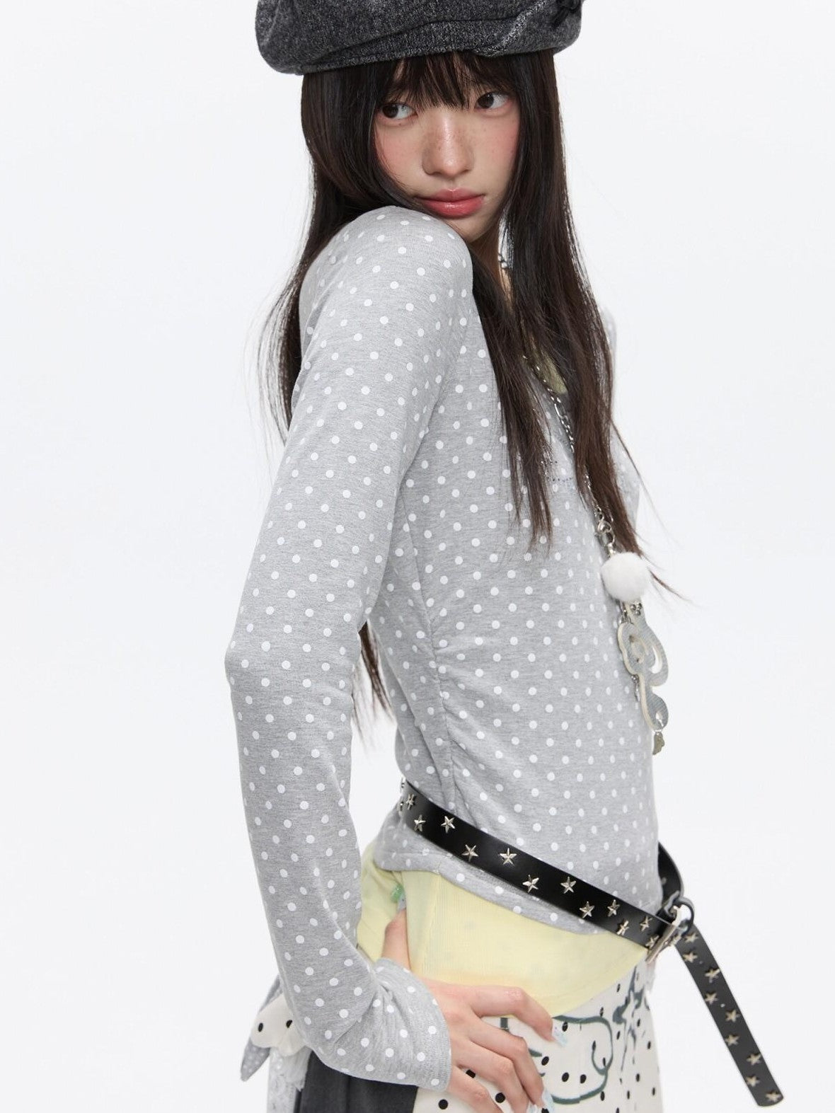 BETWEENAND Brushed Polka Dot Rhinestone Faux Layer Slim Fit Women&