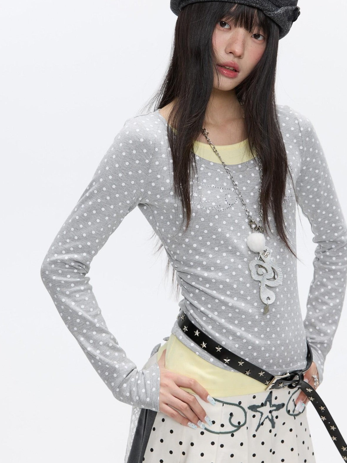 BETWEENAND Brushed Polka Dot Rhinestone Faux Layer Slim Fit Women&