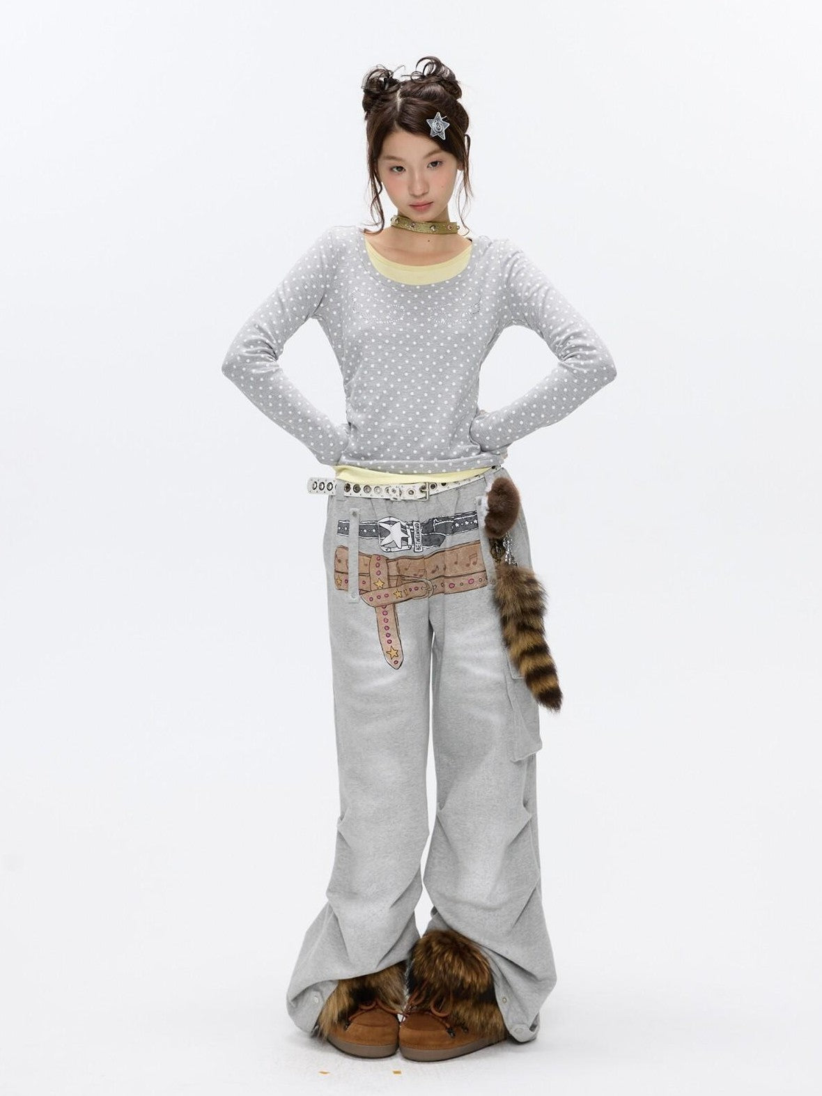 BETWEENAND Brushed Polka Dot Rhinestone Faux Layer Slim Fit Women&