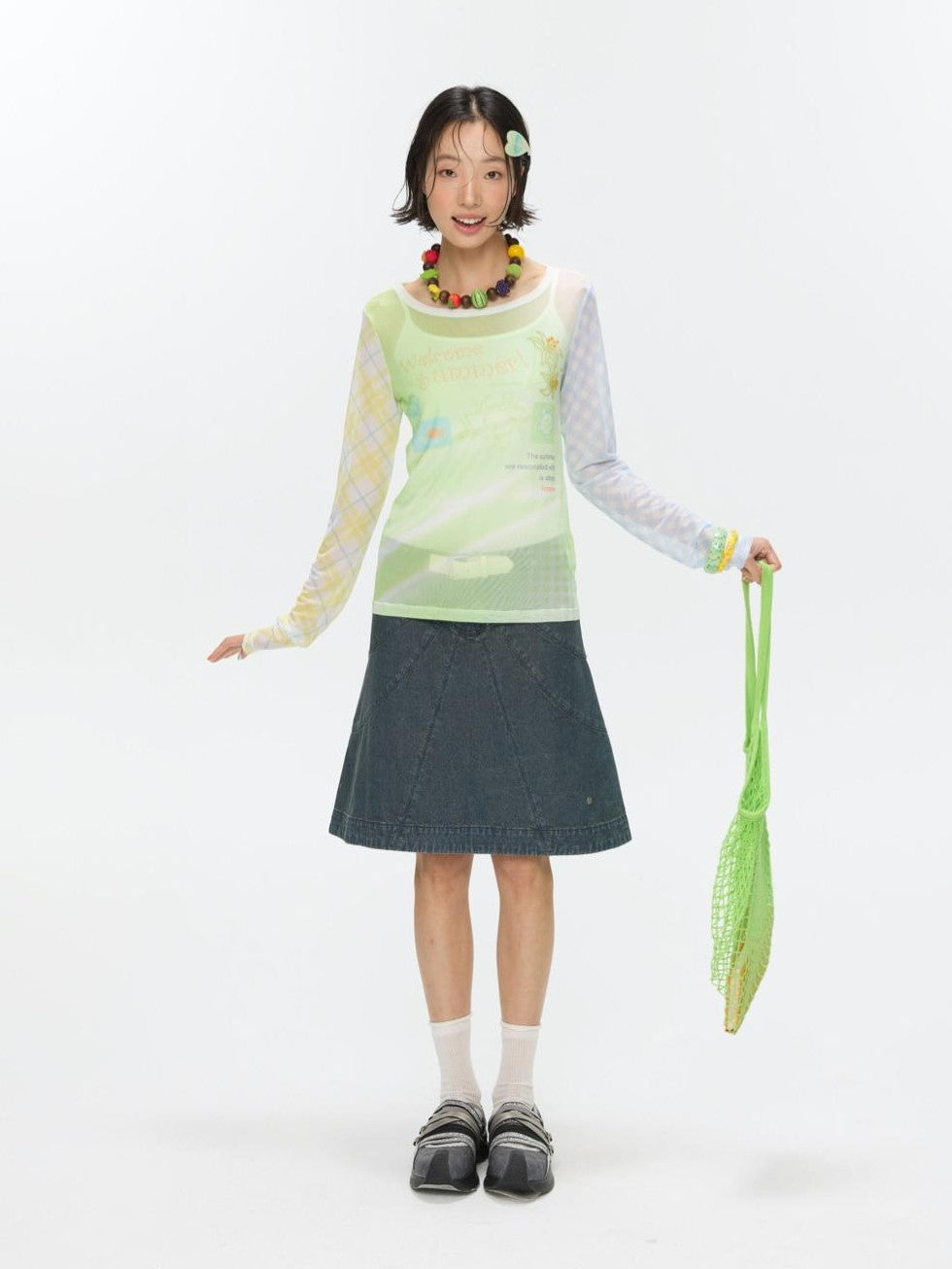 BETWEENAND Bubble Mesh Hotfix Bead Colorblock Print Women&