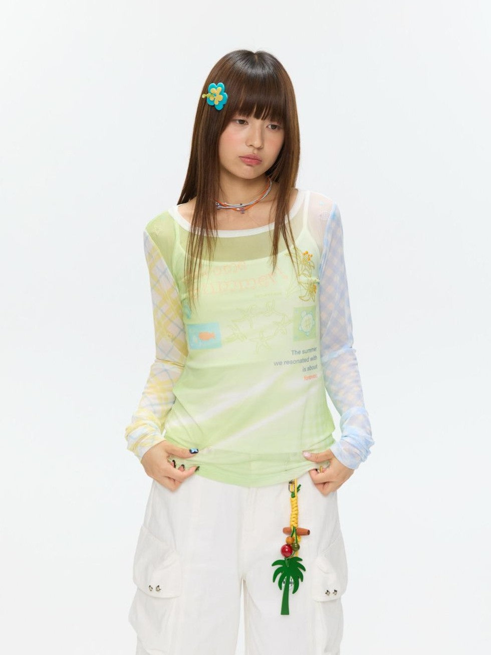 BETWEENAND Bubble Mesh Hotfix Bead Colorblock Print Women&