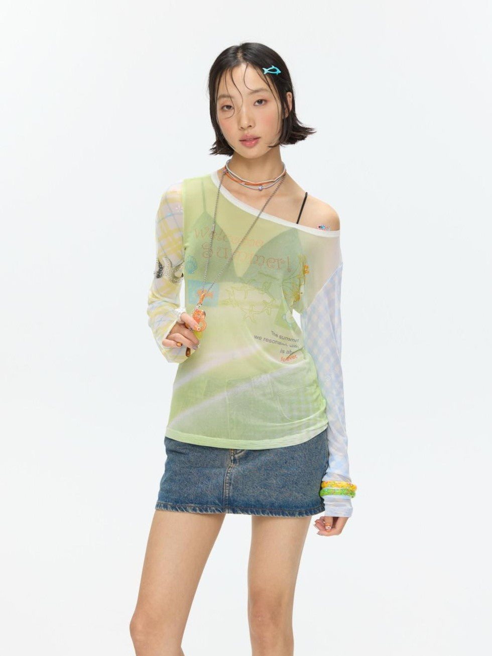 BETWEENAND Bubble Mesh Hotfix Bead Colorblock Print Women&