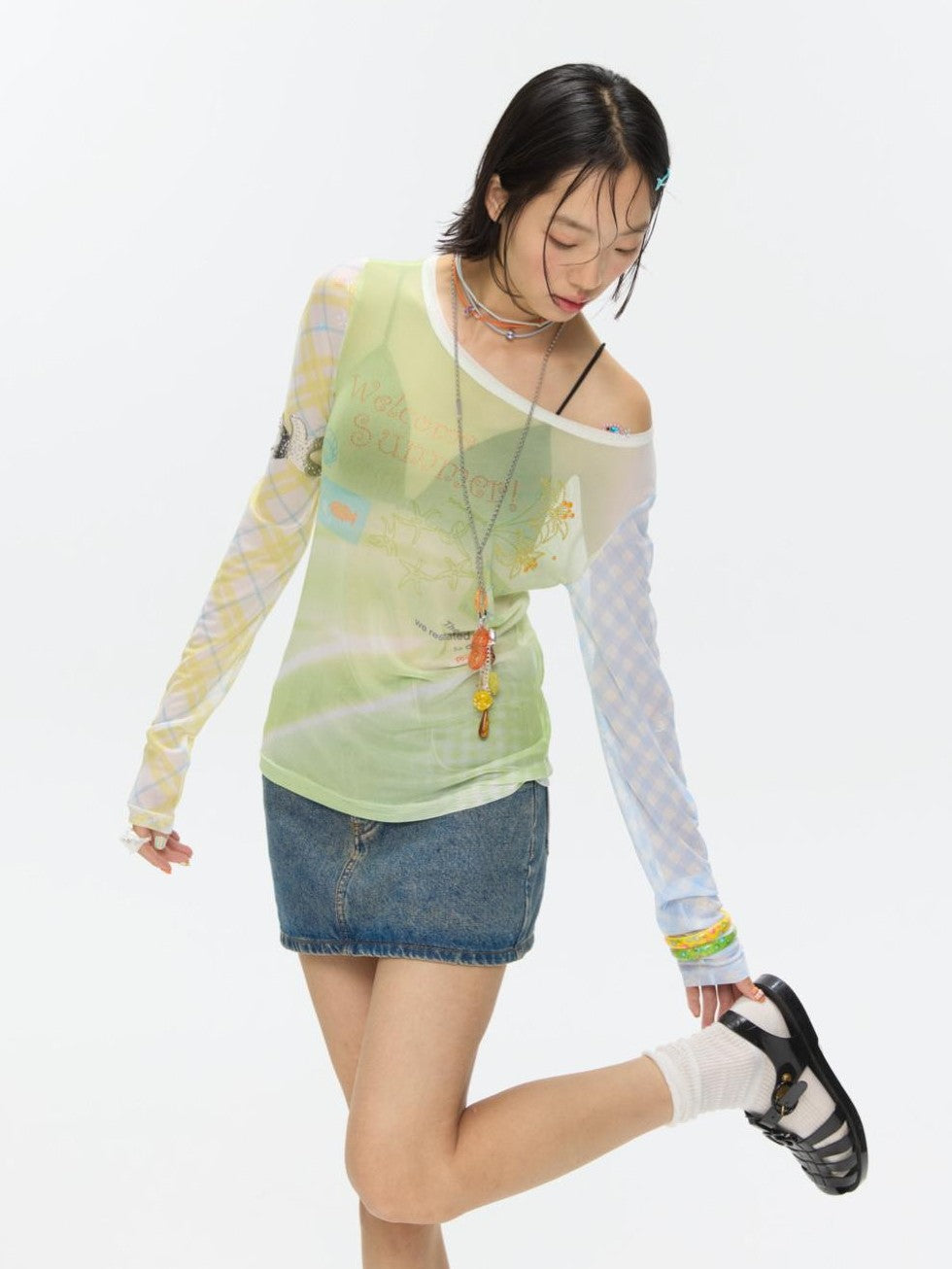 BETWEENAND Bubble Mesh Hotfix Bead Colorblock Print Women&
