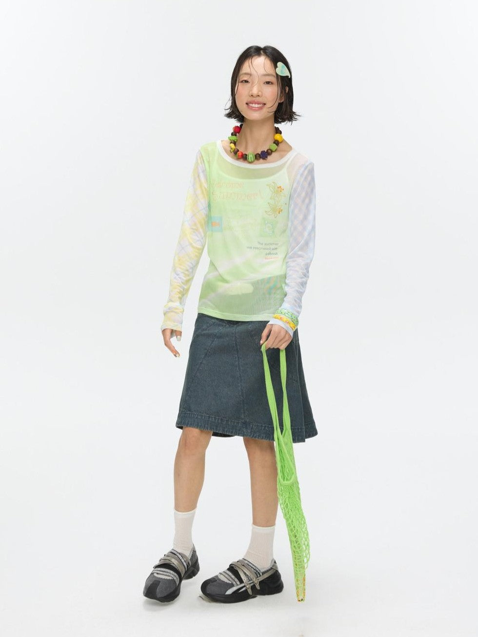 BETWEENAND Bubble Mesh Hotfix Bead Colorblock Print Women&