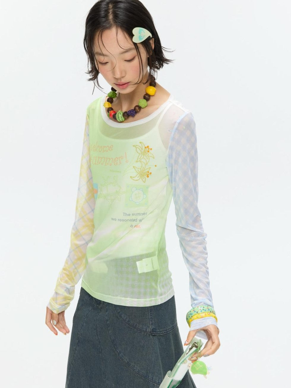 BETWEENAND Bubble Mesh Hotfix Bead Colorblock Print Women&