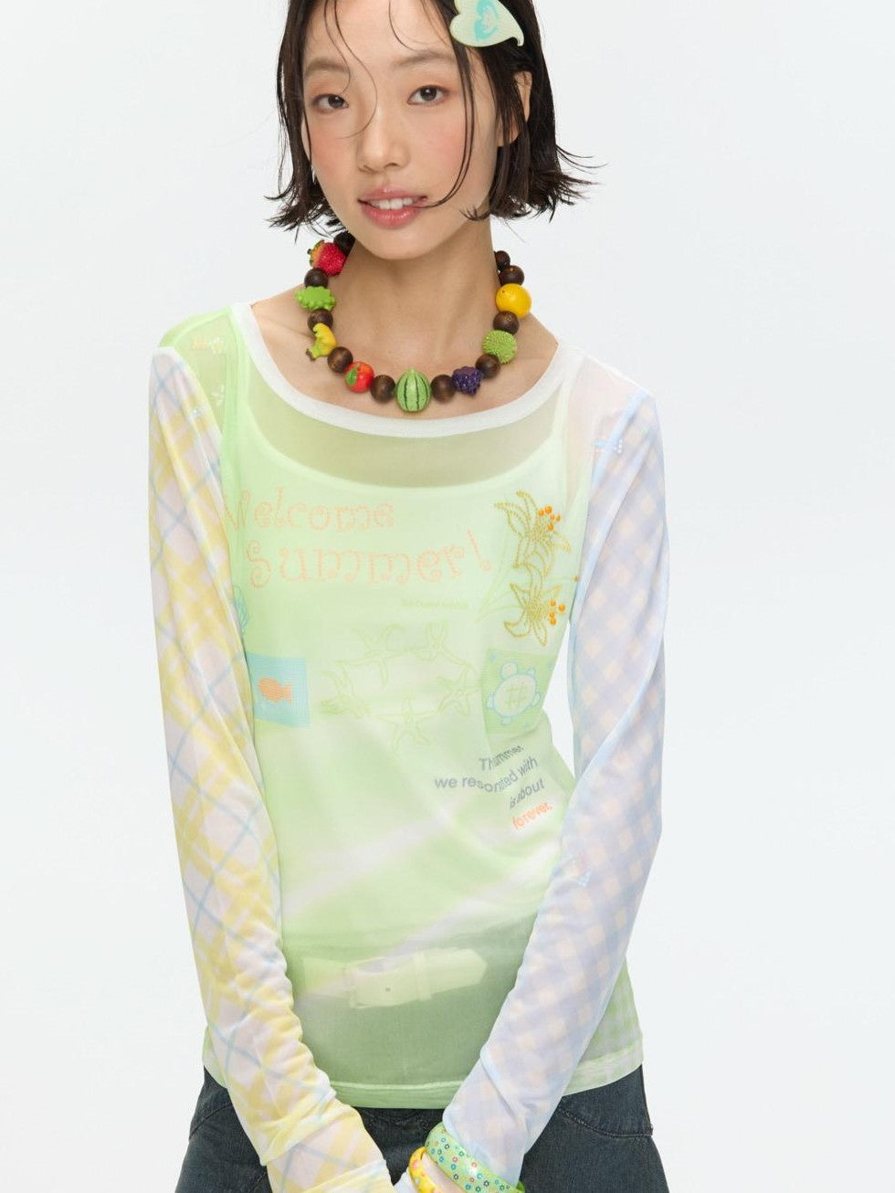 BETWEENAND Bubble Mesh Hotfix Bead Colorblock Print Women&