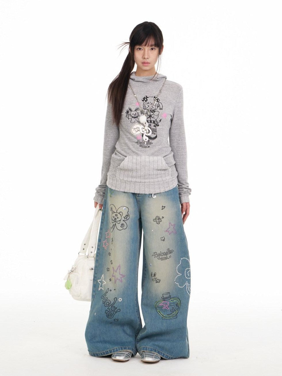BETWEENAND Bunny Ear Hood Puff Print Straight Cut Women&