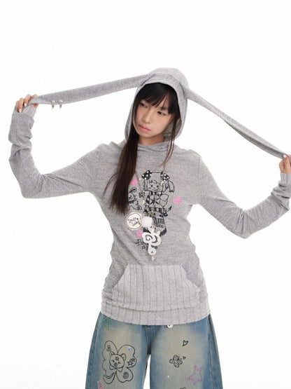 BETWEENAND Bunny Ear Hood Puff Print Straight Cut Women&