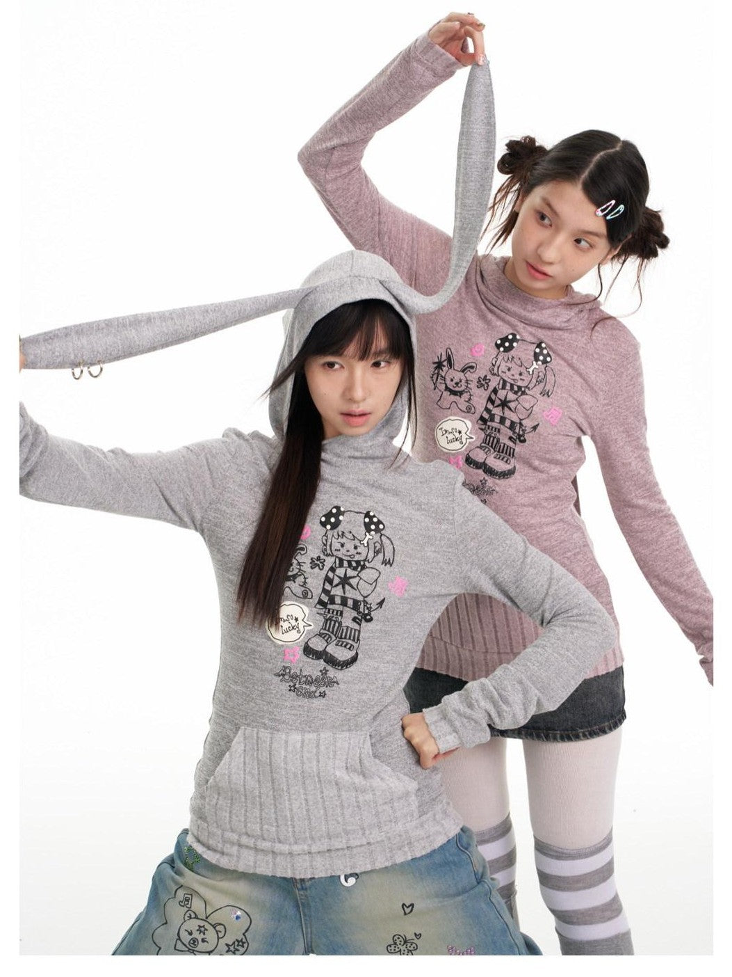 BETWEENAND Bunny Ear Hood Puff Print Straight Cut Women&