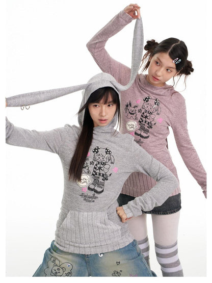 BETWEENAND Bunny Ear Hood Puff Print Straight Cut Women&