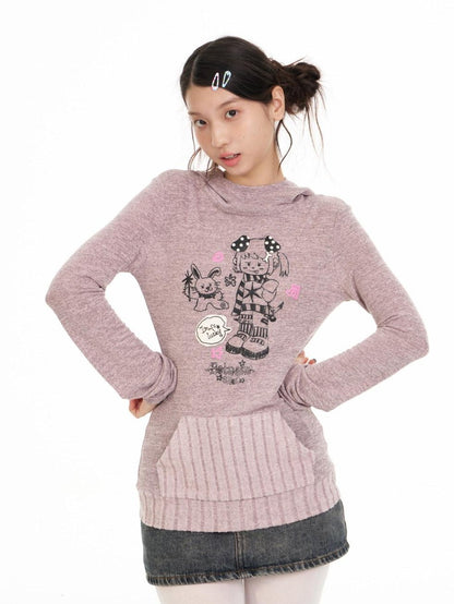 BETWEENAND Bunny Ear Hood Puff Print Straight Cut Women&