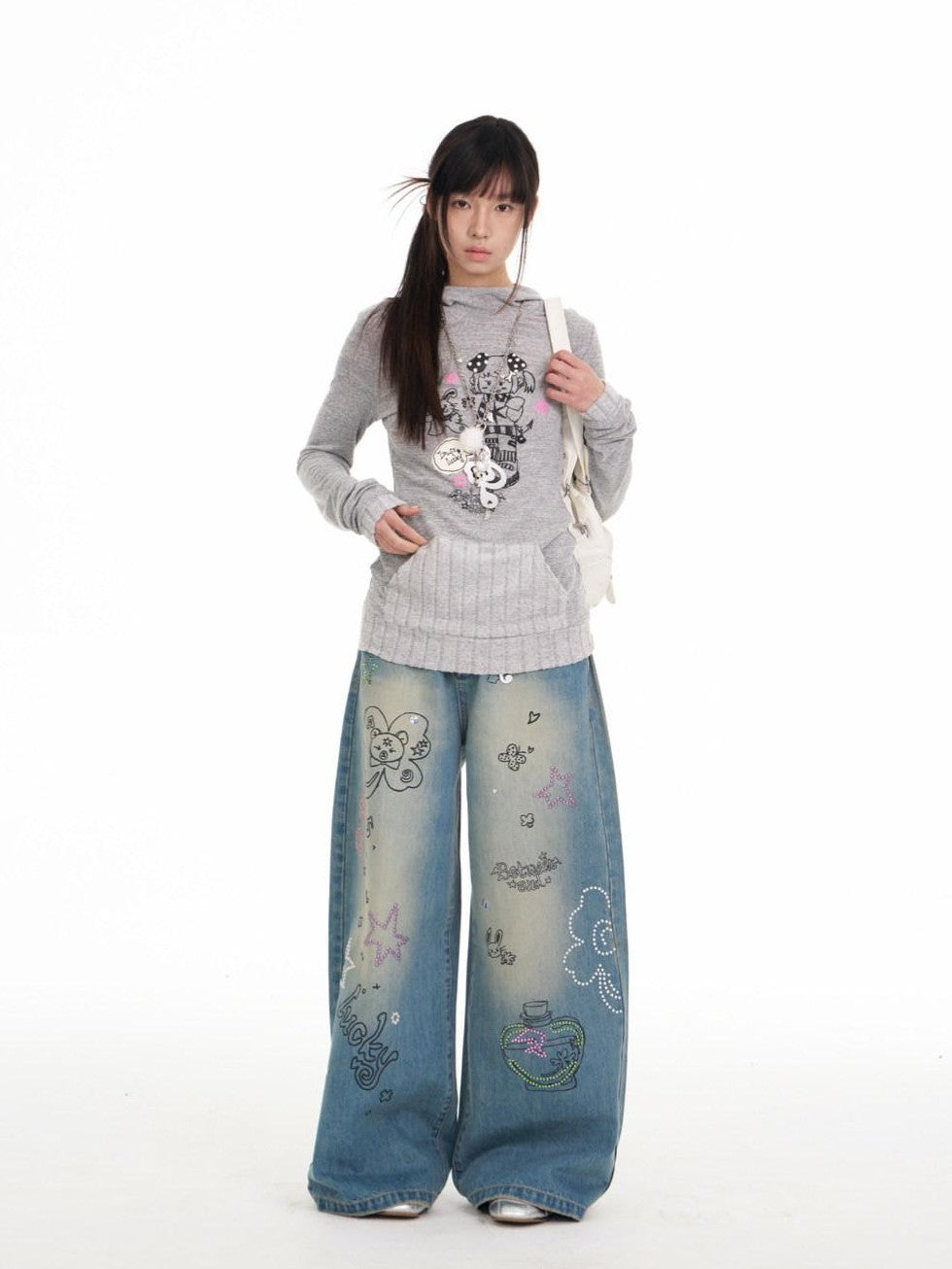 BETWEENAND Bunny Ear Hood Puff Print Straight Cut Women&