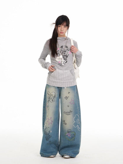 BETWEENAND Bunny Ear Hood Puff Print Straight Cut Women&