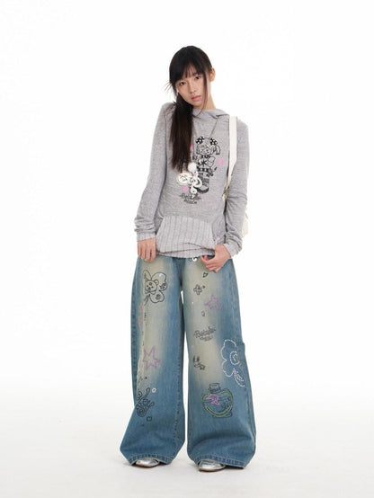 BETWEENAND Bunny Ear Hood Puff Print Straight Cut Women&