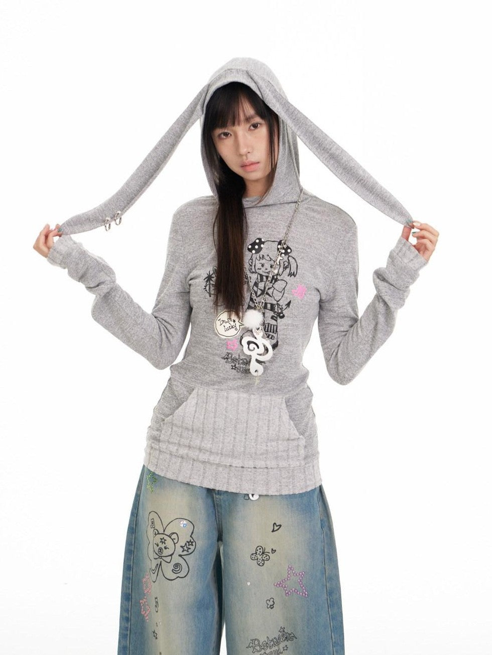 BETWEENAND Bunny Ear Hood Puff Print Straight Cut Women&