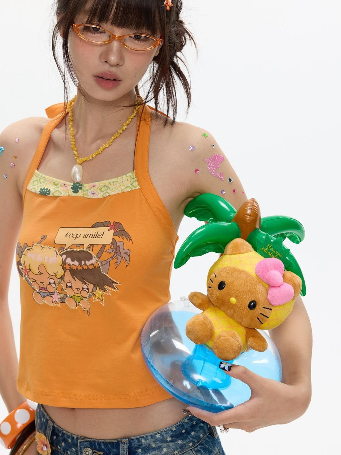 BETWEENAND California Orange Bead Embroidery Halter Women&