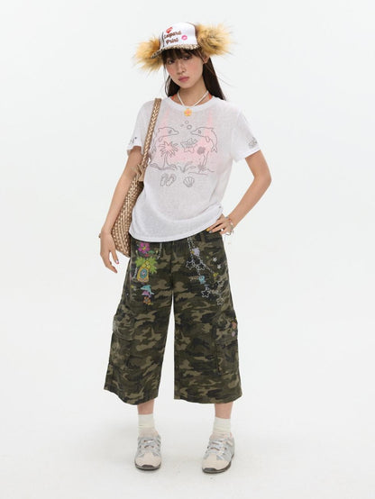 BETWEENAND Camouflage Printed Vintage Straight Leg Women&